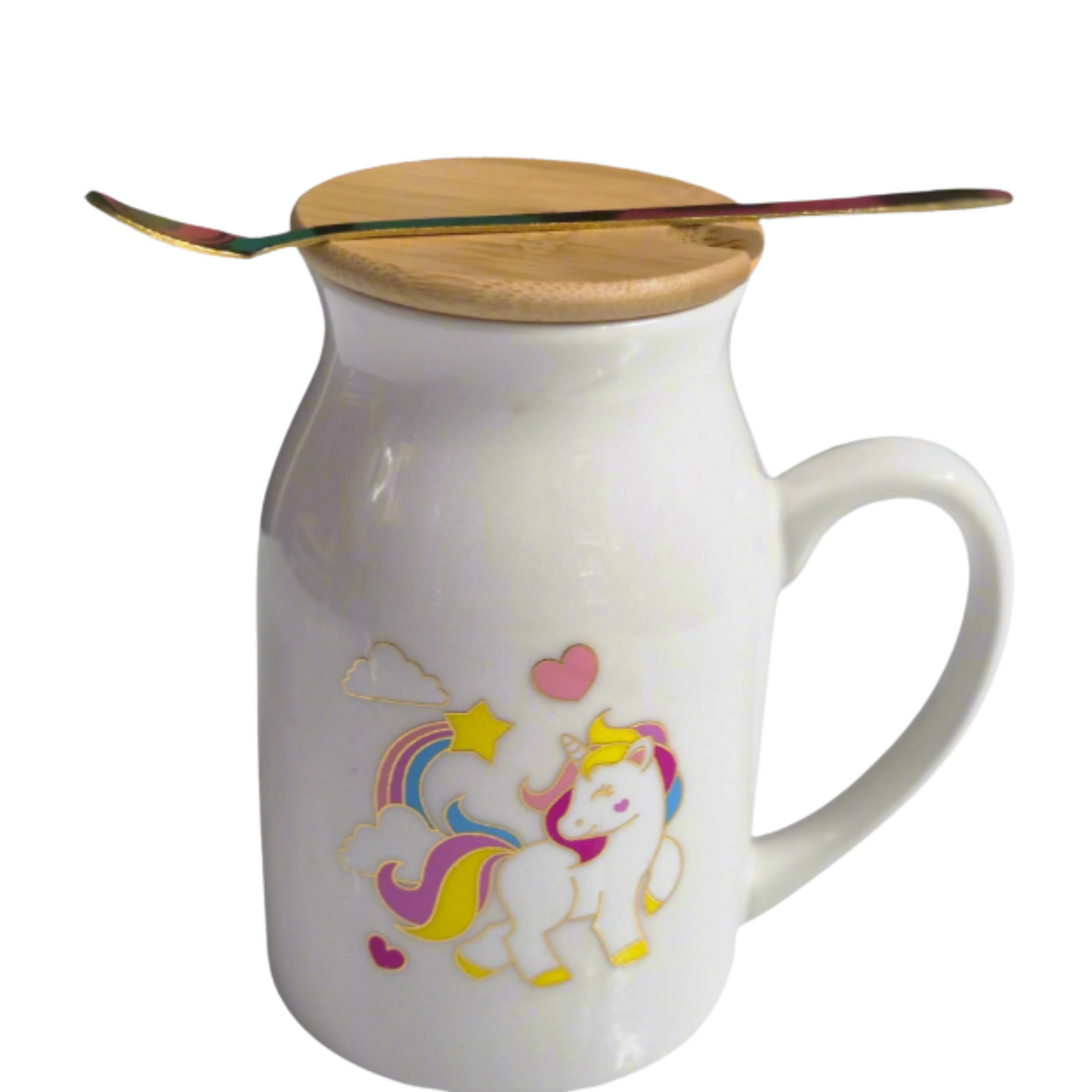 Unicorn Print Ceramic Coffee Mug – White with Wooden Lid & Sleek Spoon | Stylish & Durable