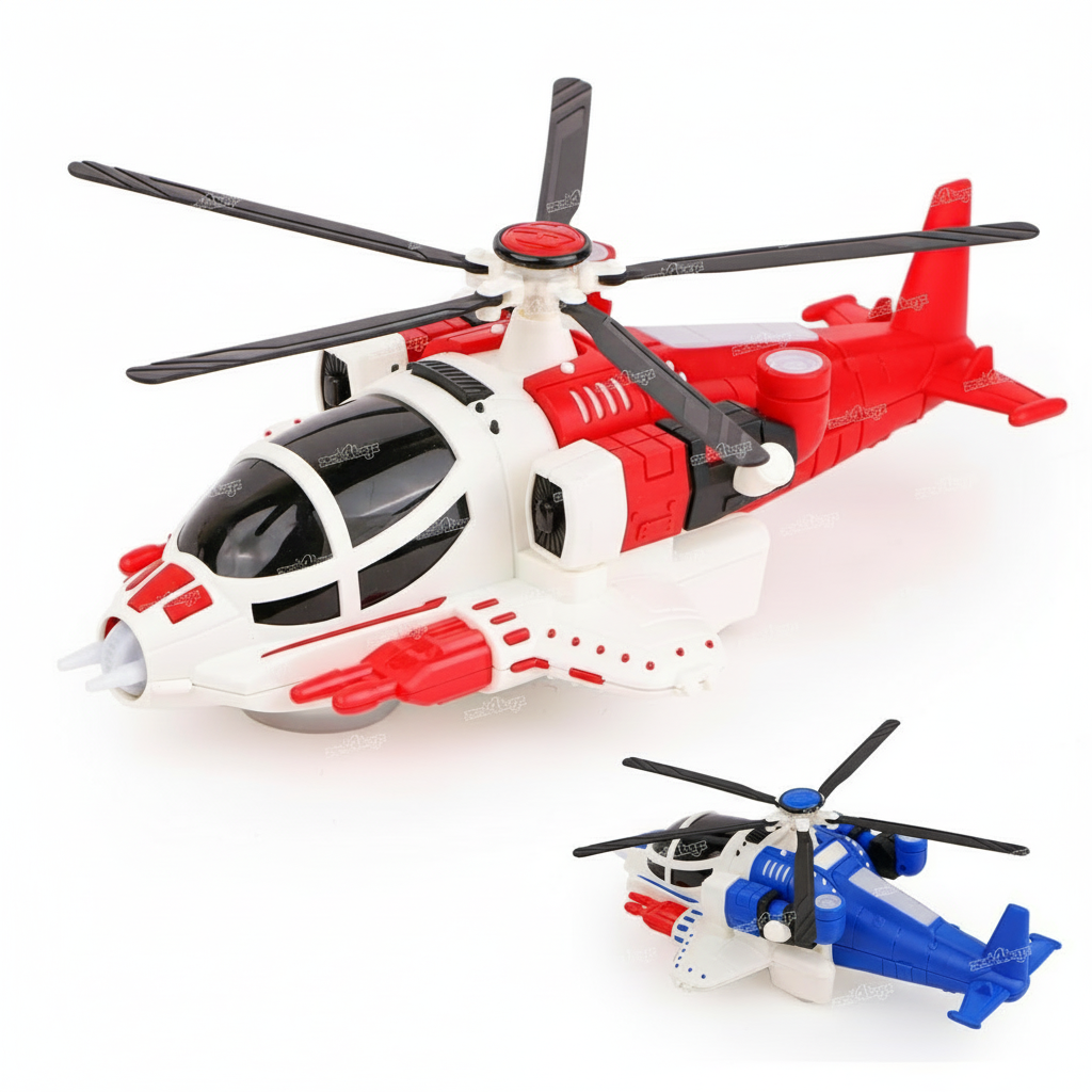 Two toy helicopters, one red and white, one blue and white, on a white background.