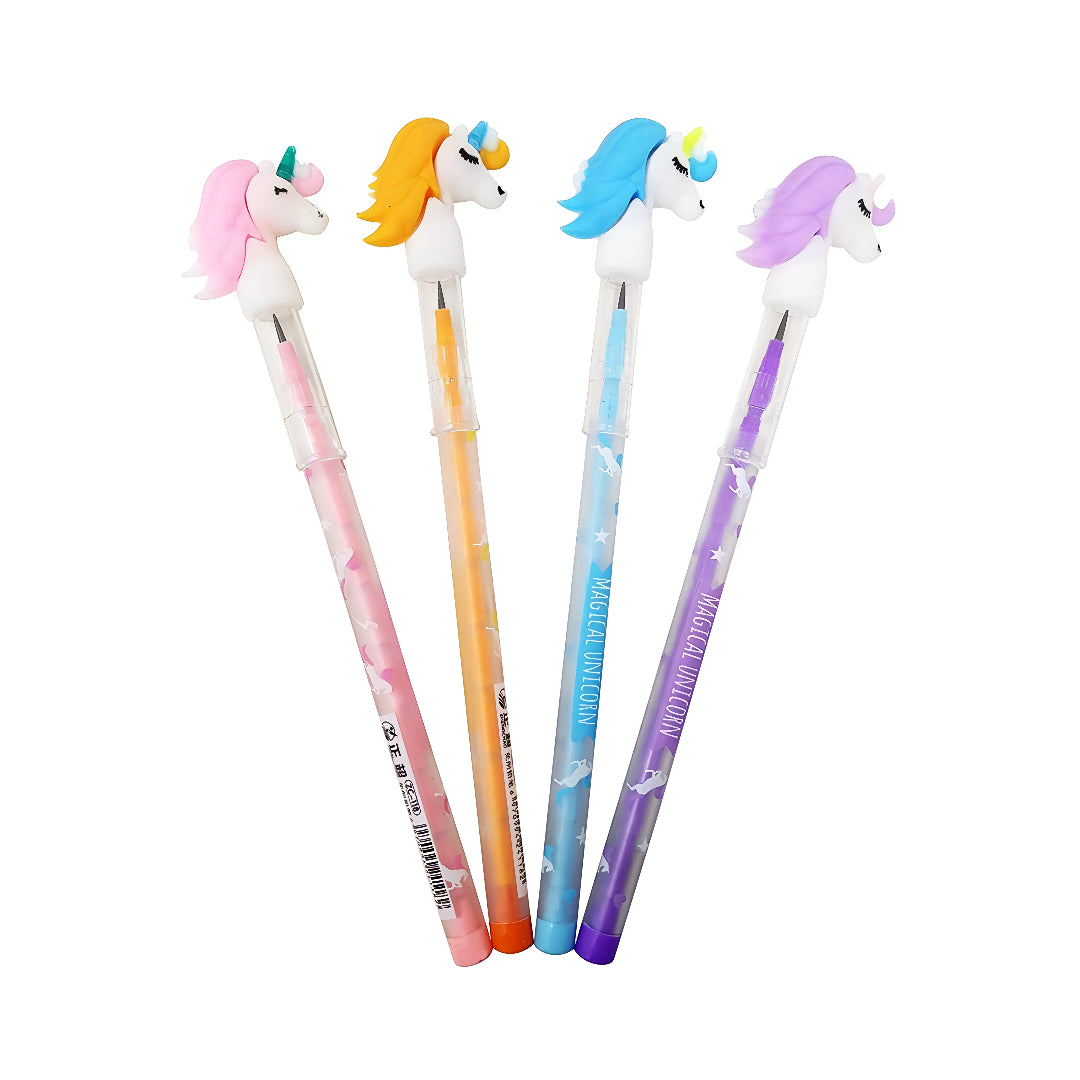 A set of four pencils with unicorn designs on top, each in different pastel colors.
