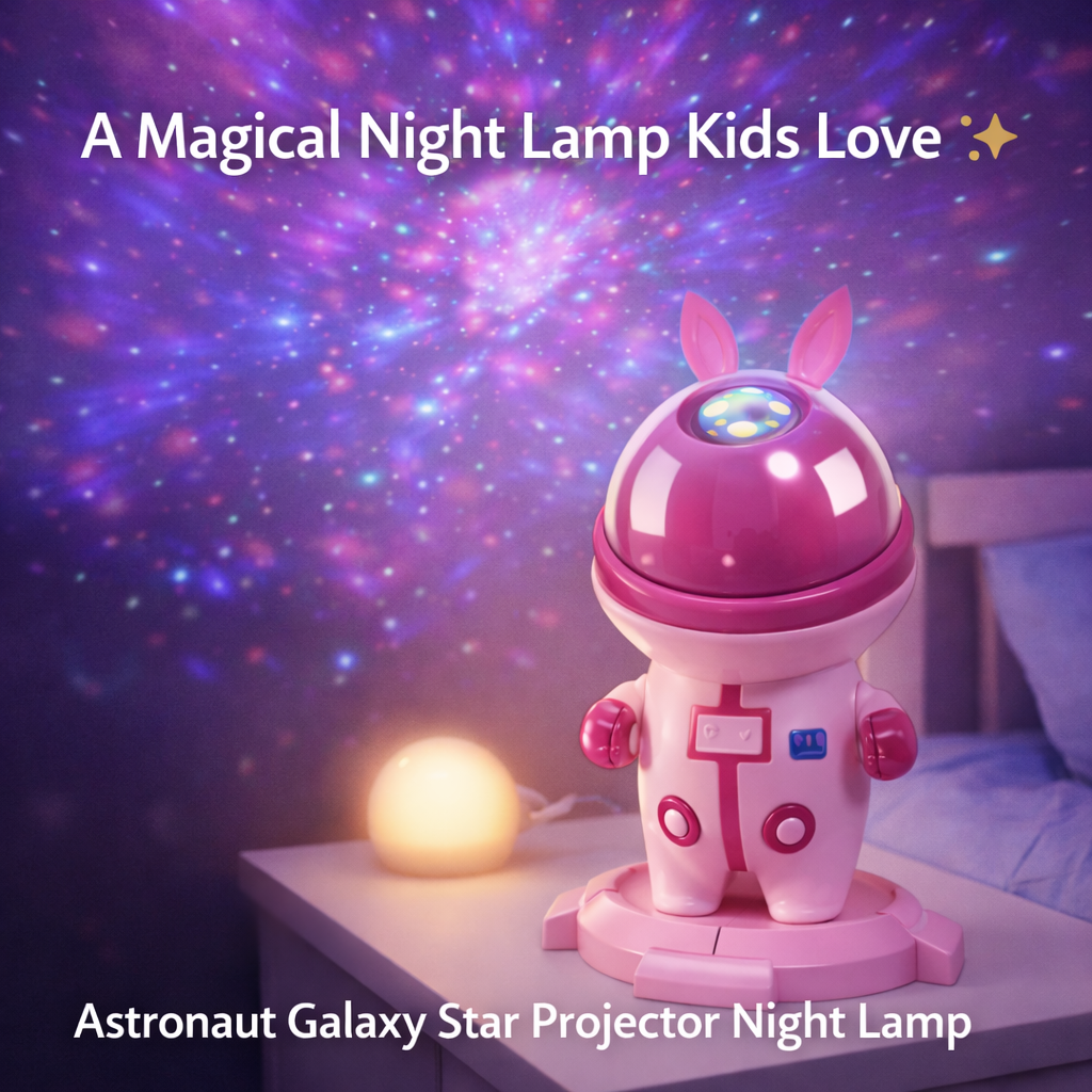 Pink astronaut galaxy star projector night lamp with a starry sky background.