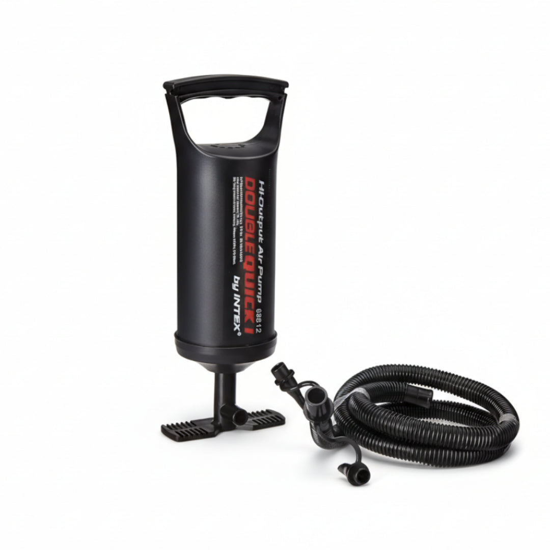 An Intex hand air pump with a black body, a flexible hose, and a nozzle for inflation.