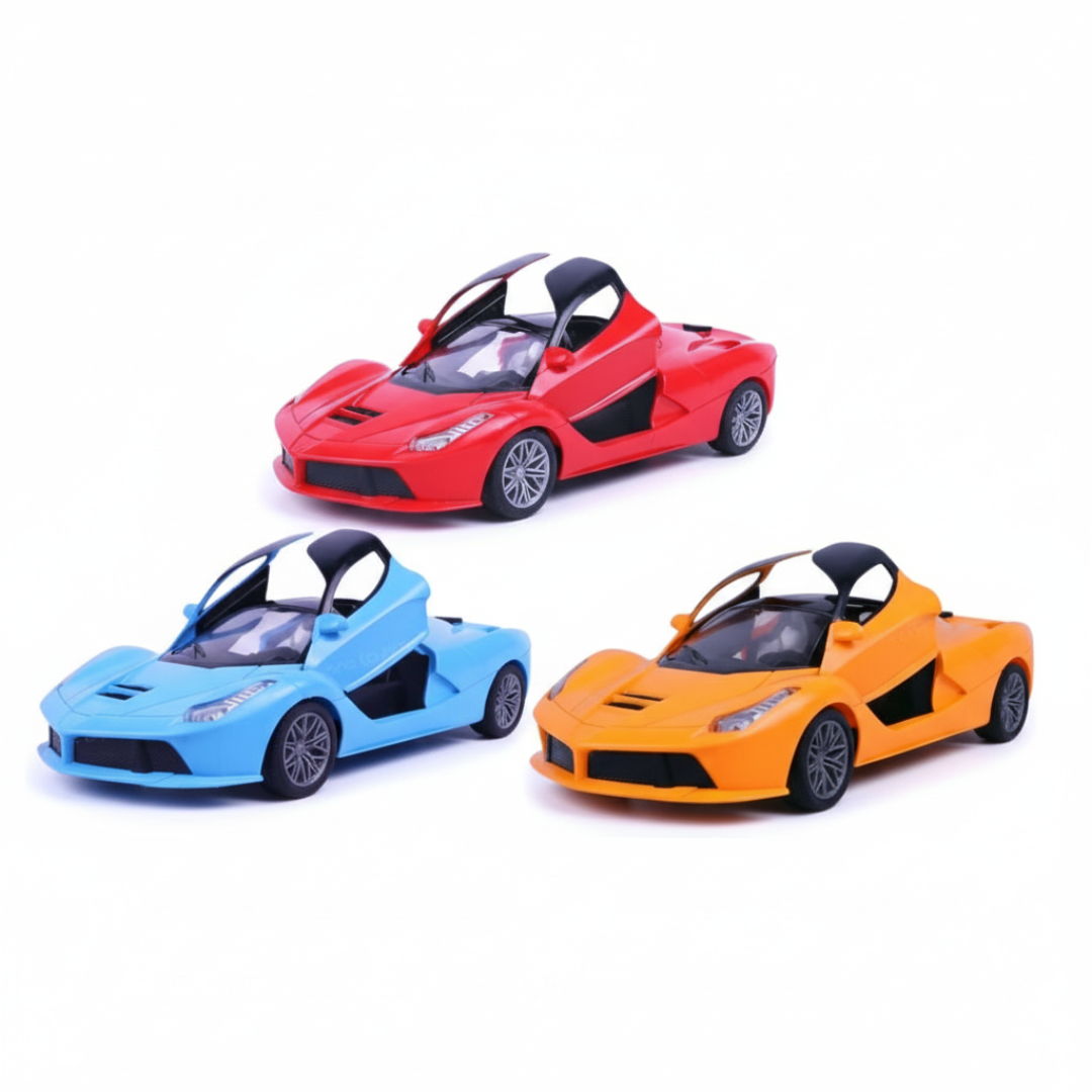 Three toy sports cars in red, blue, and orange on a white background