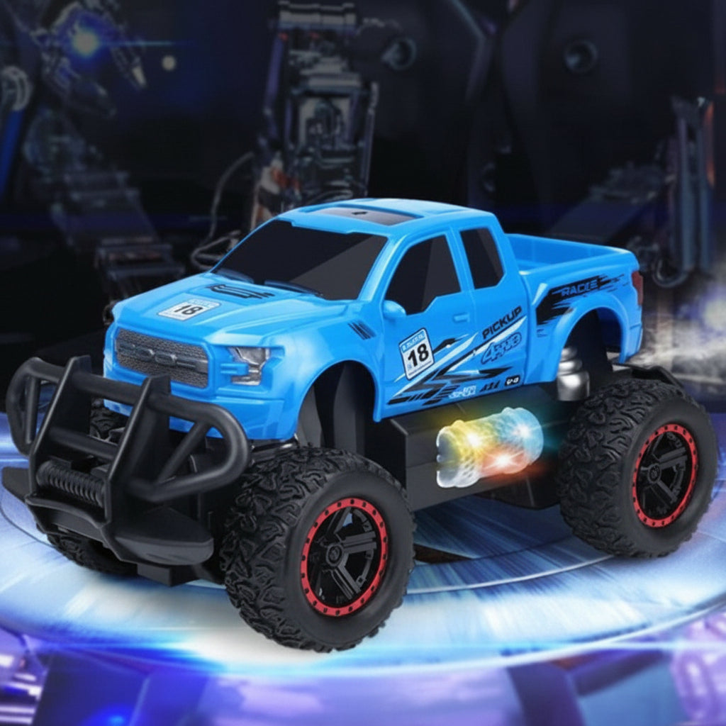 Blue toy truck with black wheels on a reflective surface