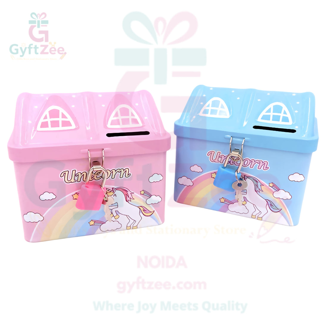 (Random color) Unicorn House Piggy Bank with Lock & Key | Return Gift
