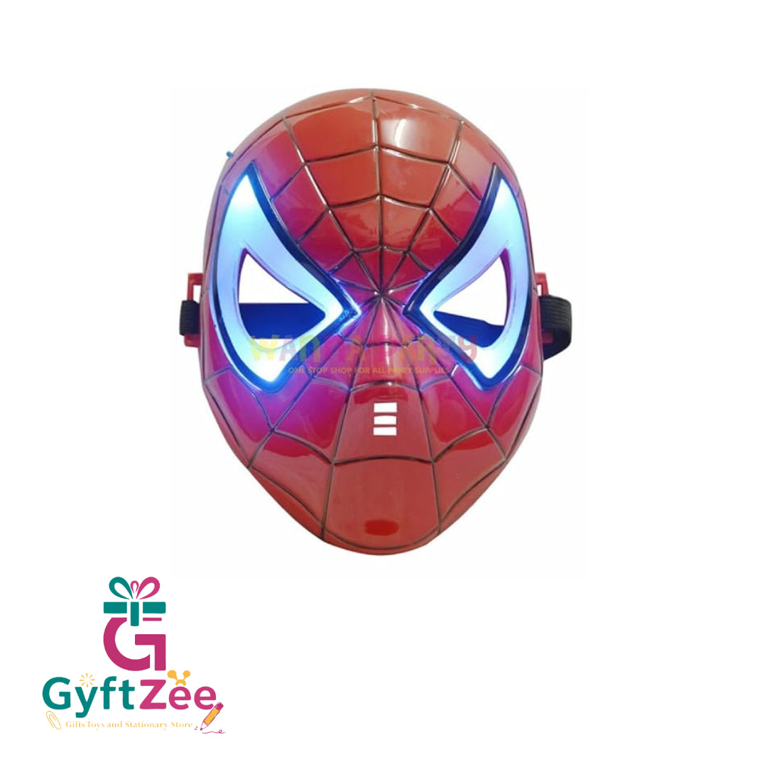 A red LED light-up Spiderman mask for kids with a stylized design, featuring bright LED lights and a comfortable fit.