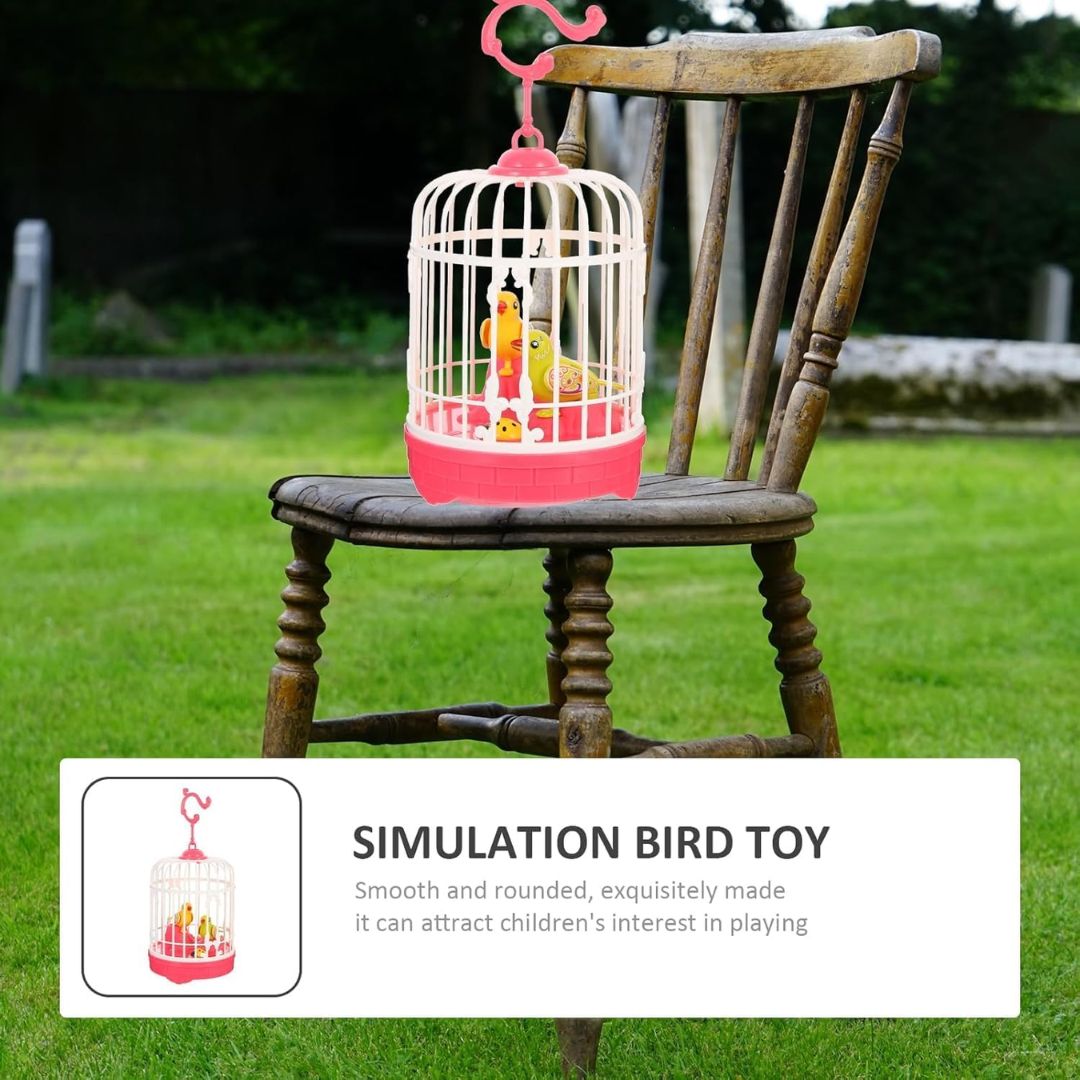 Simulation bird toy in a cage on a wooden chair outdoors