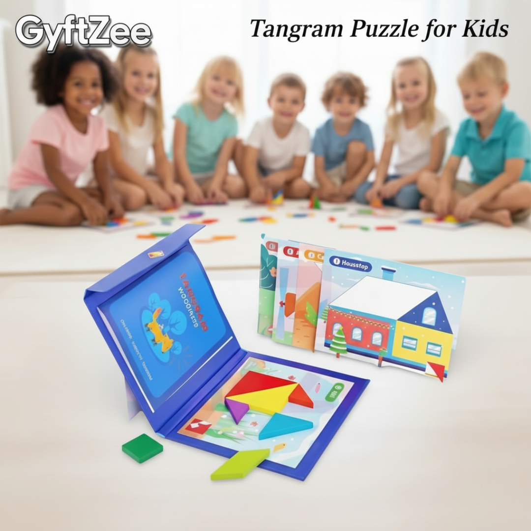 Tangram Puzzle for Kids with colorful pieces and packaging, set against a background of children.
