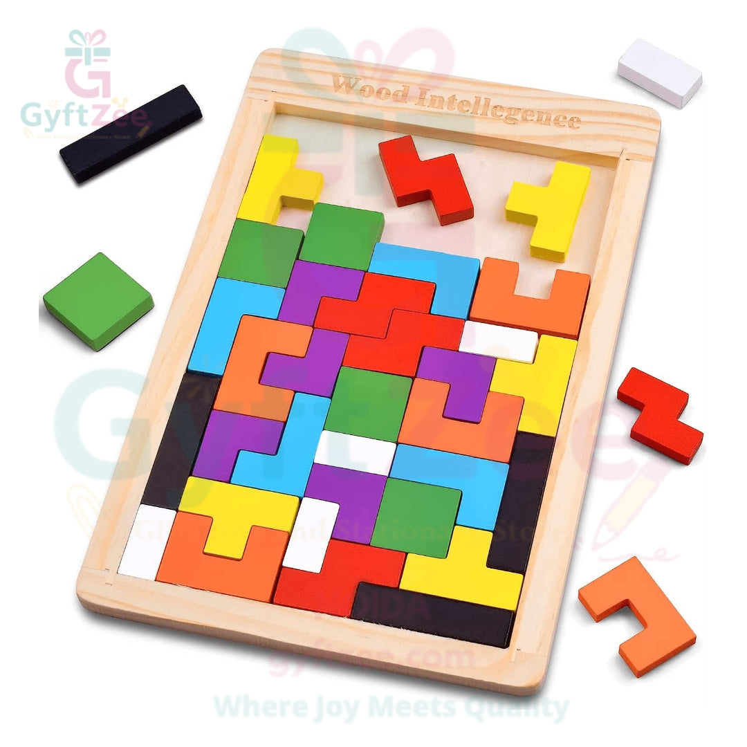 A wooden puzzle board with multicolored geometric blocks arranged in a tetris-like pattern, with a few blocks set aside.