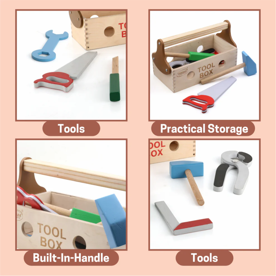 Wooden Tool Box Set for Kids | 7-Piece Pretend Play Construction Kit | Safe, Educational Toy for Ages 3+