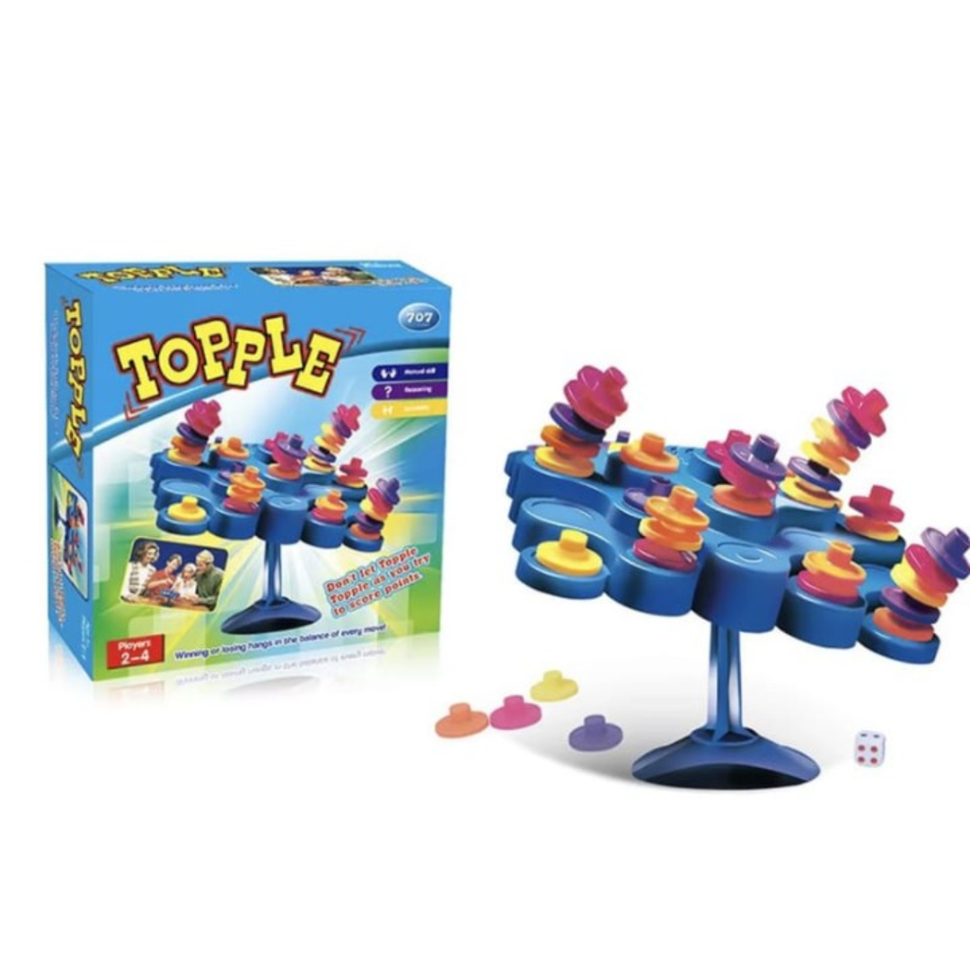 Topple Tower Balancing Board Game for Kids (Age 6+) – Family Game with Dice, Stackable Pieces, and Swiveling Tower | 2-4 Players