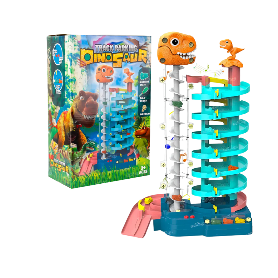 A dinosaur-themed track parking tower playset with multicolored dinosaur cars and a moving T-Rex figure. The set is displayed alongside its packaging.