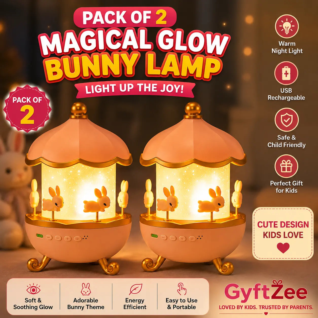 Pack of 2 Magical Glow Bunny Lamps with glowing interior, brand 'GyftZee' visible.