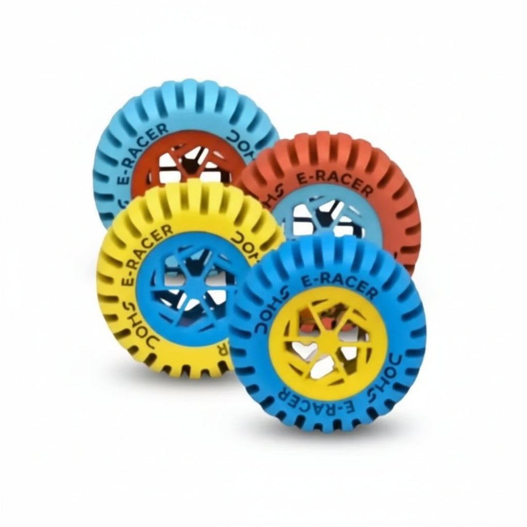 Set of colorful toy wheels with 'E-Racer' branding on a white background