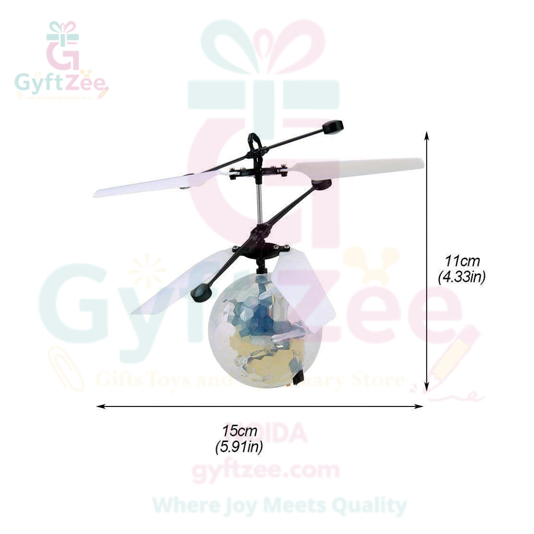 A flying sensor ball toy with LED light effects, showing dimensions of 11cm and 15cm.