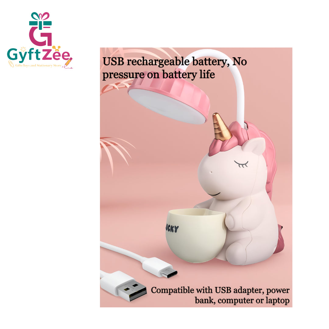Kids Unicorn Desk Lamp with Pencil Holder | Rechargeable LED Light for Study & Decor