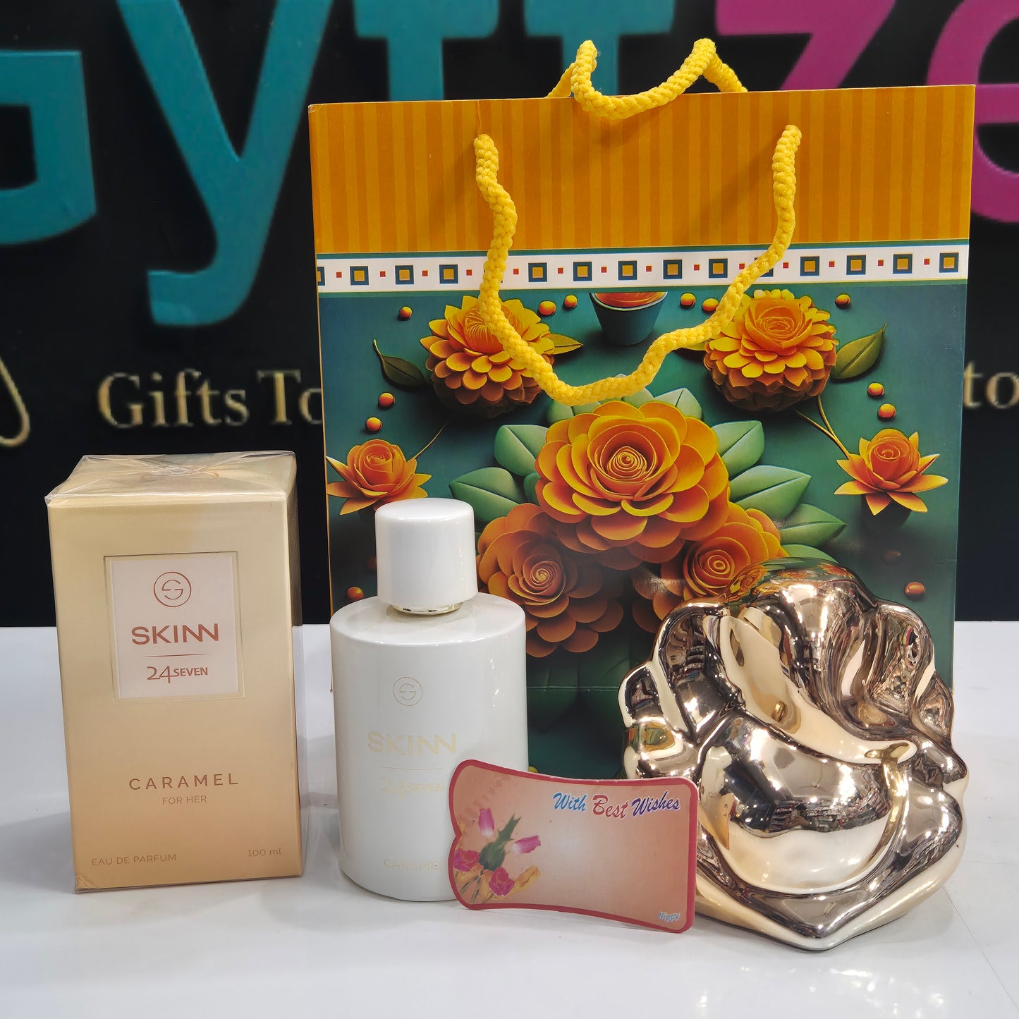 Women's Day Gift Combo – SKINN 24x7 Caramel Perfume & Bronze Ganesha Statue | Free Gift