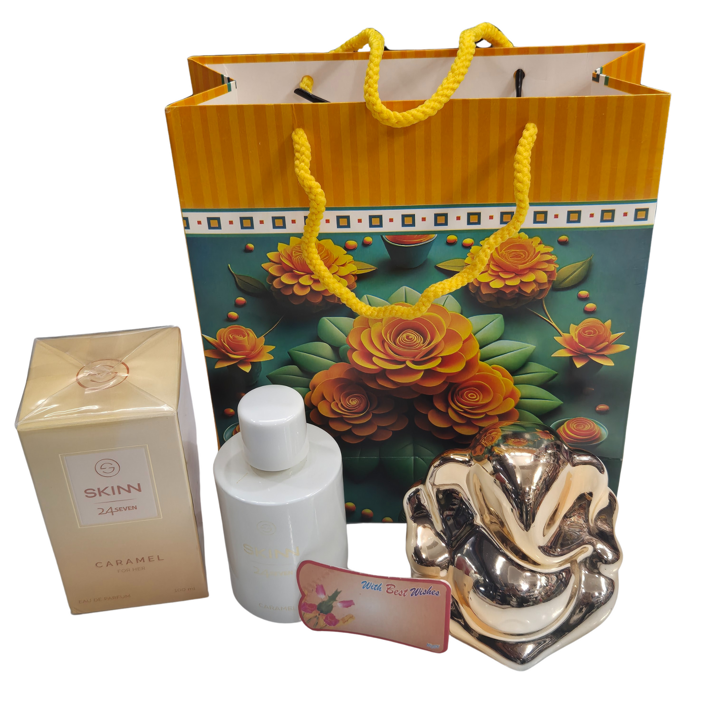 Women's Day Gift Combo – SKINN 24x7 Caramel Perfume & Bronze Ganesha Statue | Free Gift