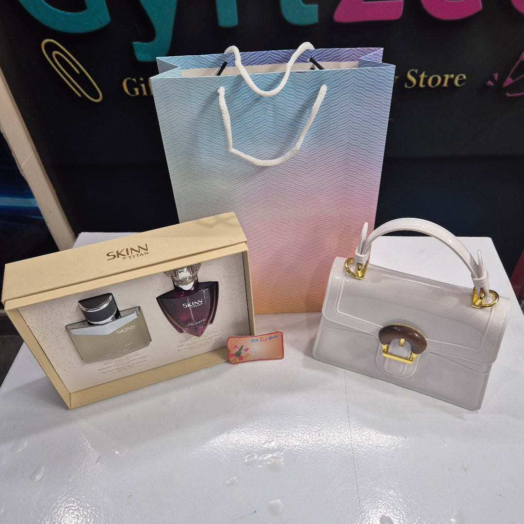 Women's Day Gift Combo ā SKINN Raw & Celeste Perfume, Stylish PU Purse & Free Gift