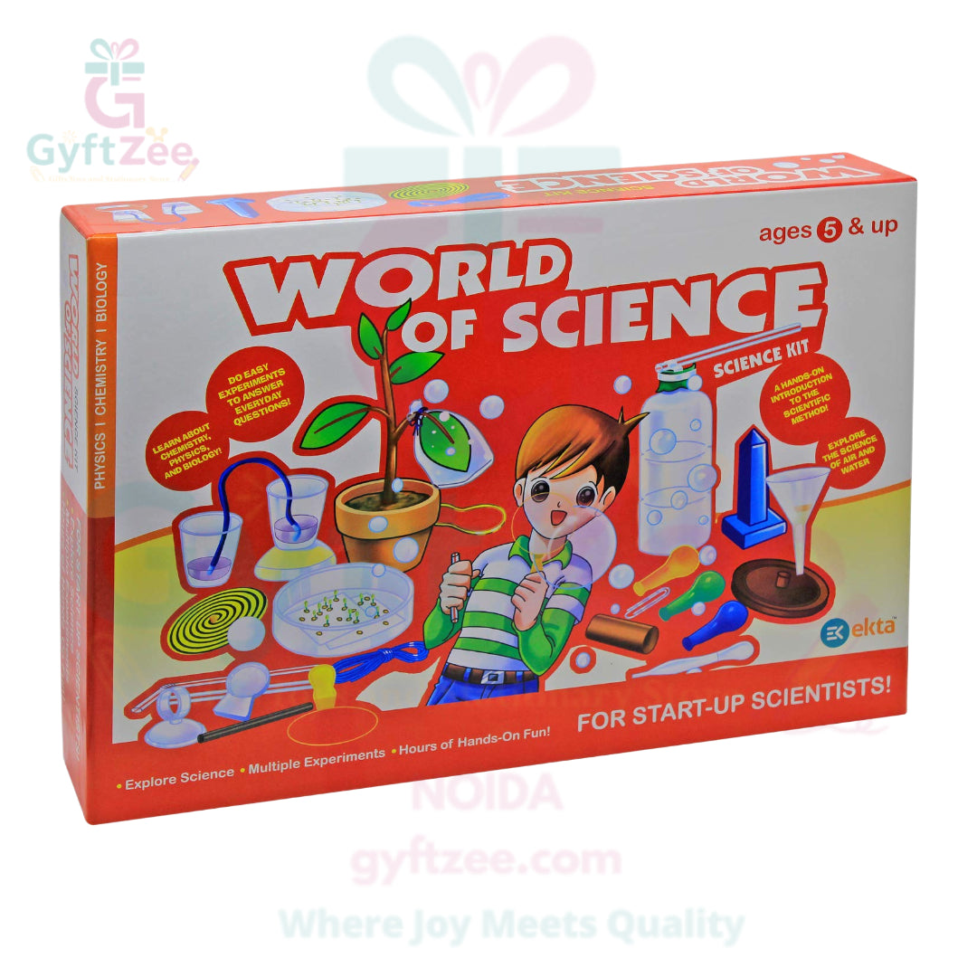 A boxed learning kit titled 'World of Science' designed for kids, featuring illustrations of scientific equipment and a child. The box indicates it's suitable for ages 6 and up.