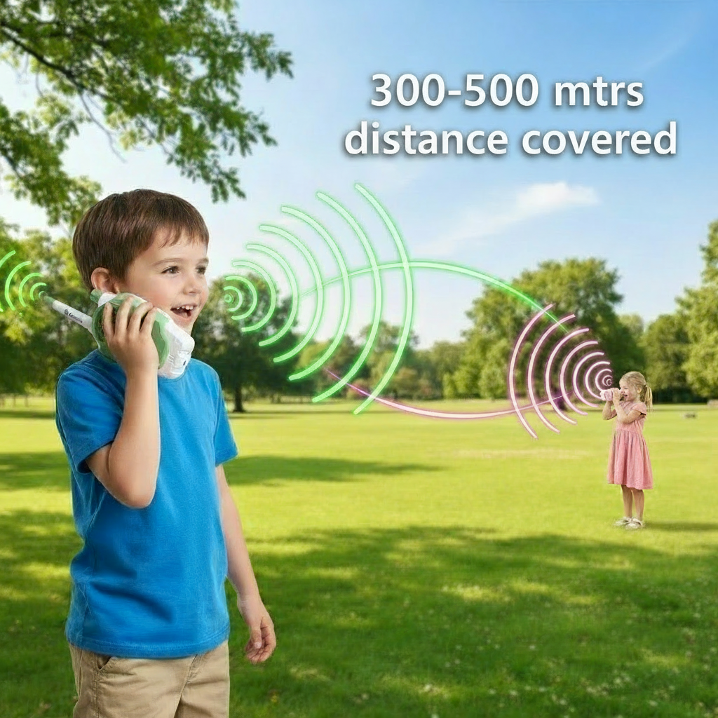 Child playing with a toy phone in a park with sound wave graphics.