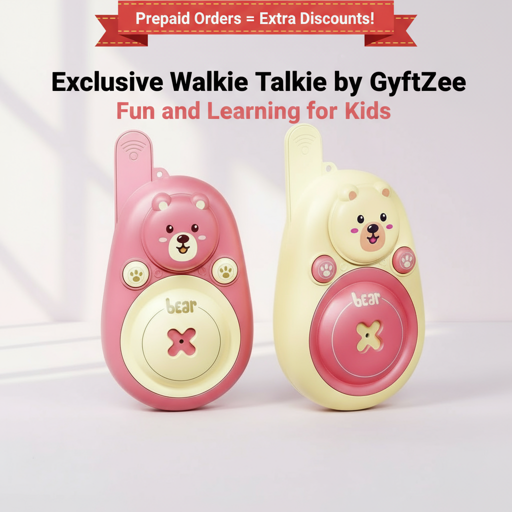 Two toy walkie-talkies with bear designs on a light background