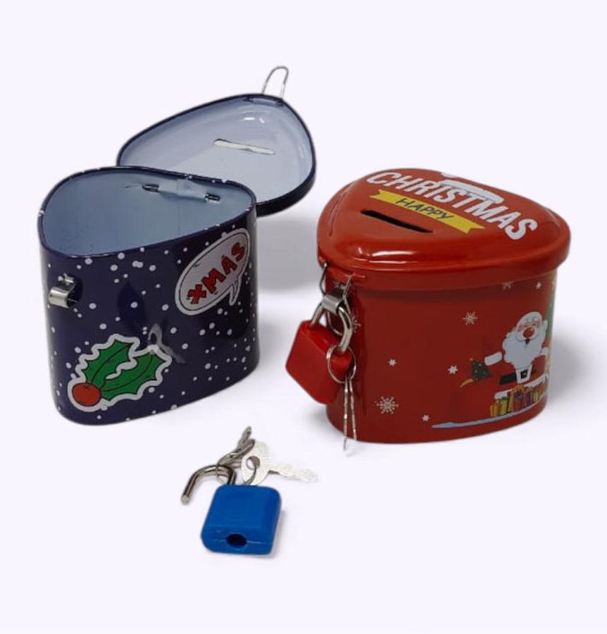 Two tin containers, one blue with festive design and one red with Christmas text, on a white background.