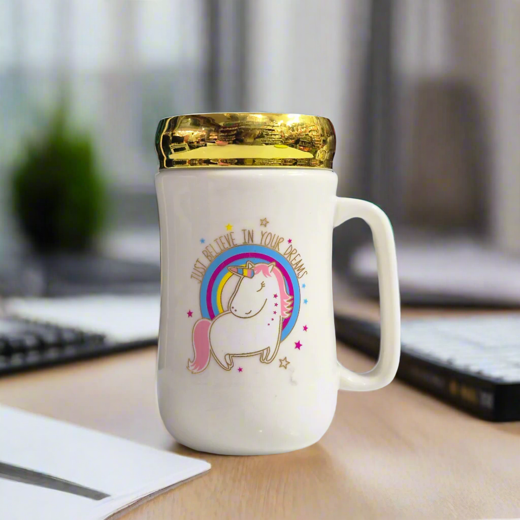 Unicorn Print Ceramic Coffee Mug – White & Golden, Stylish (Random designs)
