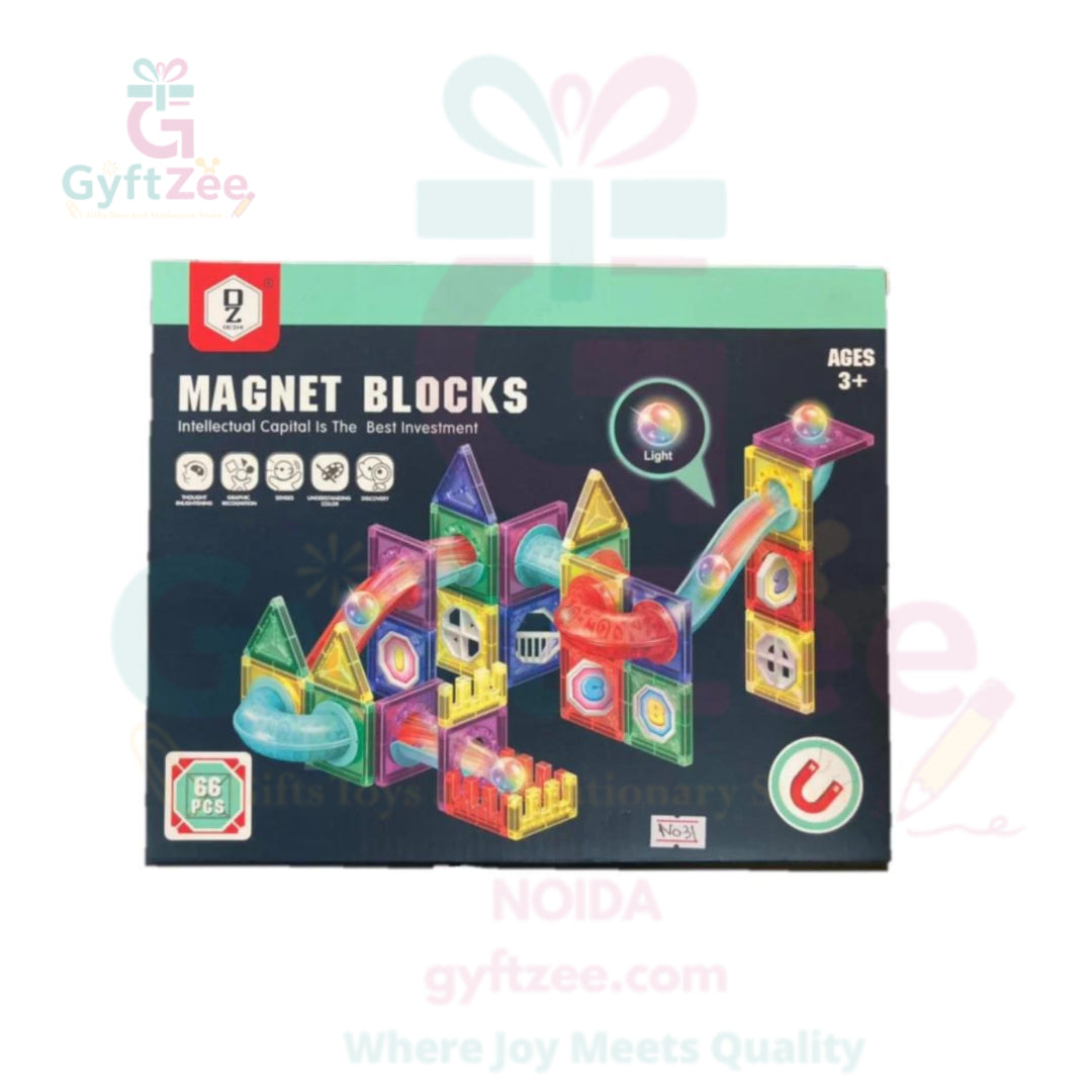 Packaging of Light Magnetic Tiles Building Blocks set showing various colorful tiles and structures built with them.