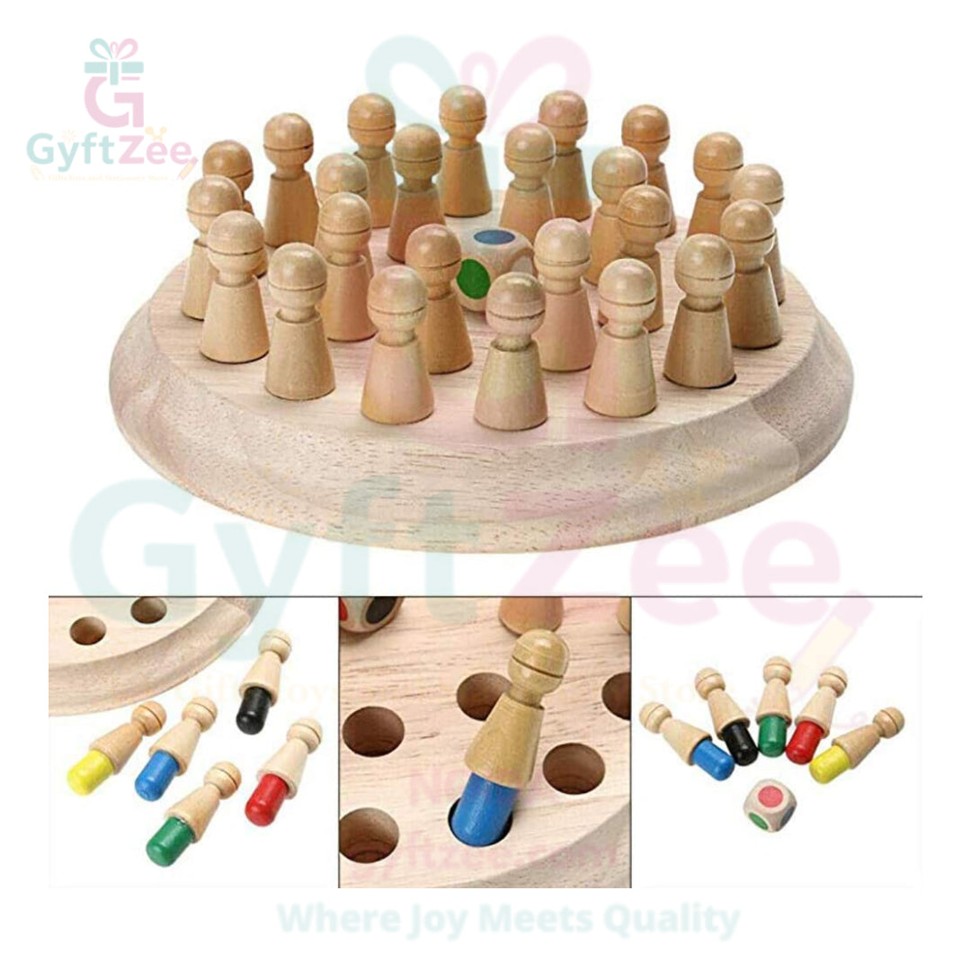 A wooden memory match stick and chess game with colorful pegs placed in holes on a circular board, designed for kids.