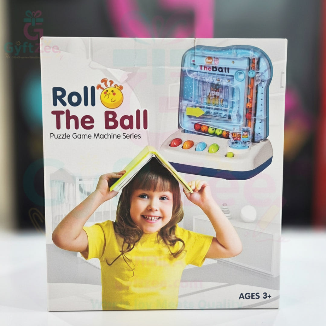 Box of 'Roll The Ball' puzzle game machine series with a child on the cover