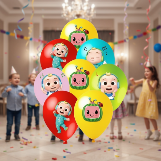 Children with balloons featuring cartoon characters in a festive room.