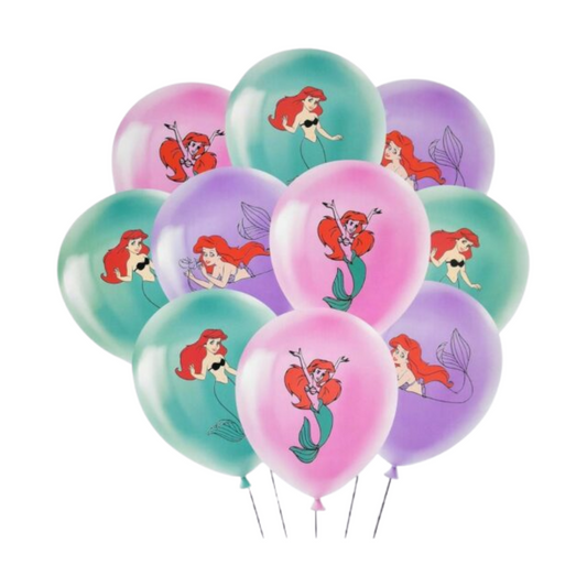 [10 pcs, Random Designs] | 12" Mermaid Printed Balloons | Birthday Decoration