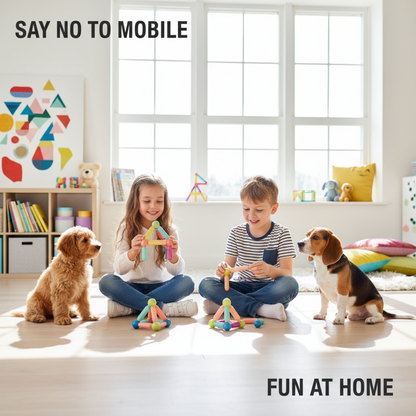 Children playing with toys in a room with dogs, with text 'SAY NO TO MOBILE' and 'FUN AT HOME'.