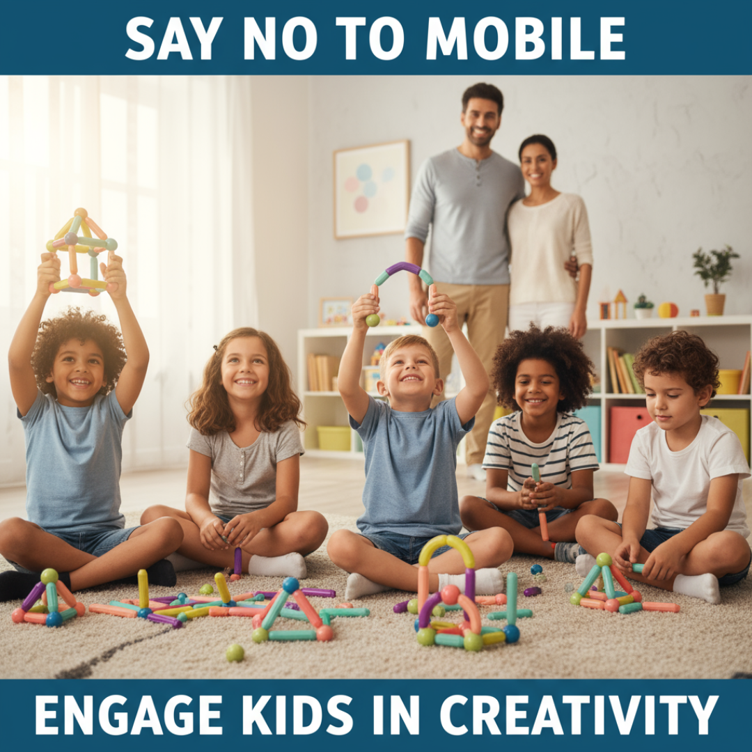 Children playing with building blocks in a room with text 'Say No to Mobile, Engage Kids in Creativity'.