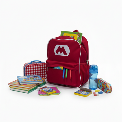 Red backpack with a logo on a white background
