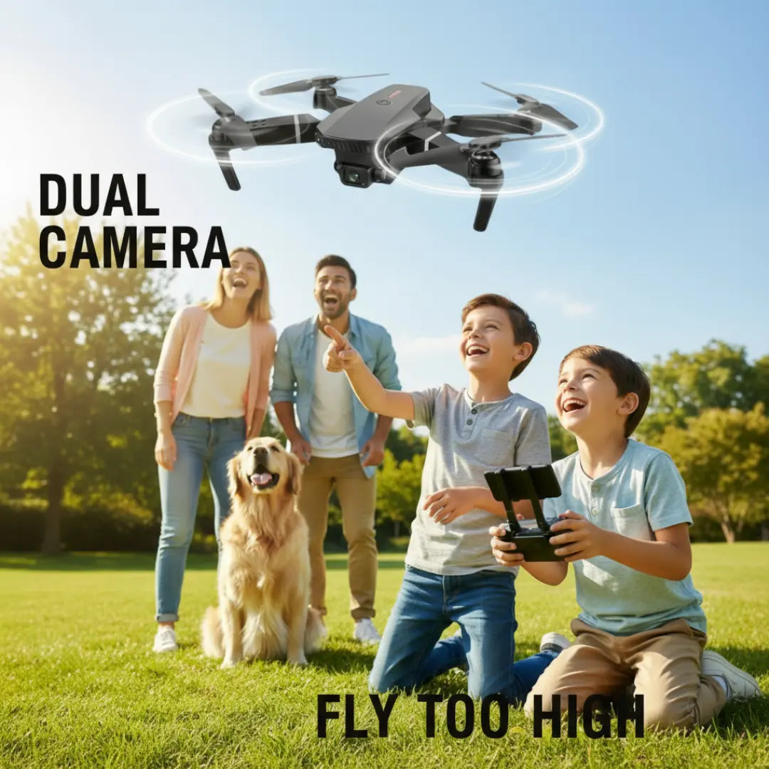 Family with children and a dog in a park, looking up at a drone with text 'Dual Camera' and 'Fly Too High'.