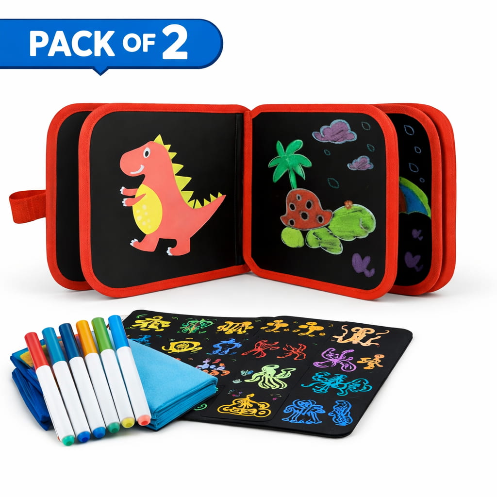 Pack of 2 magnetic drawing boards with colorful markers on a white background