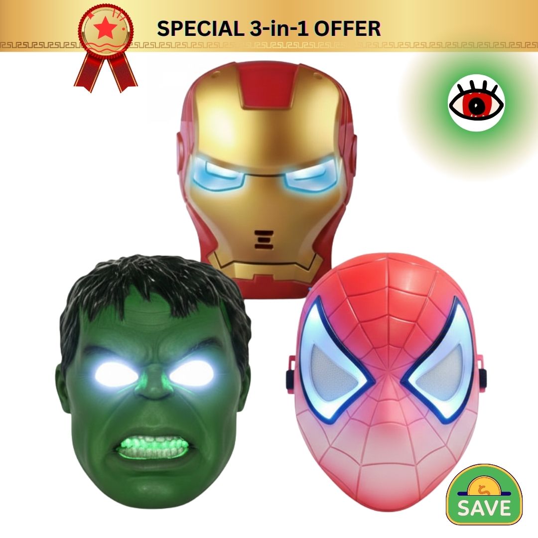 Three superhero masks (Iron Man, Hulk, Spider-Man) with glowing eyes on a white background.