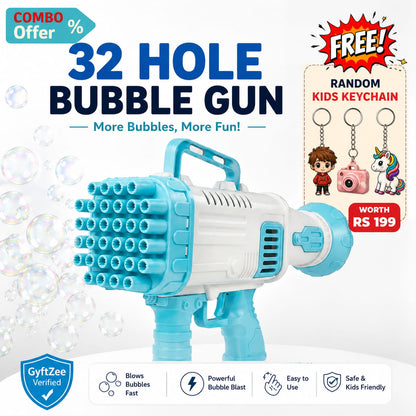 Blue and white bubble gun with promotional text on a white background