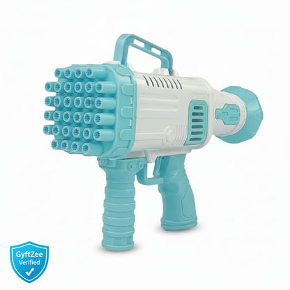 Turquoise and white toy gun with multiple nozzles on a white background, featuring GyftZee verification badge. 32 Hole bubble gun