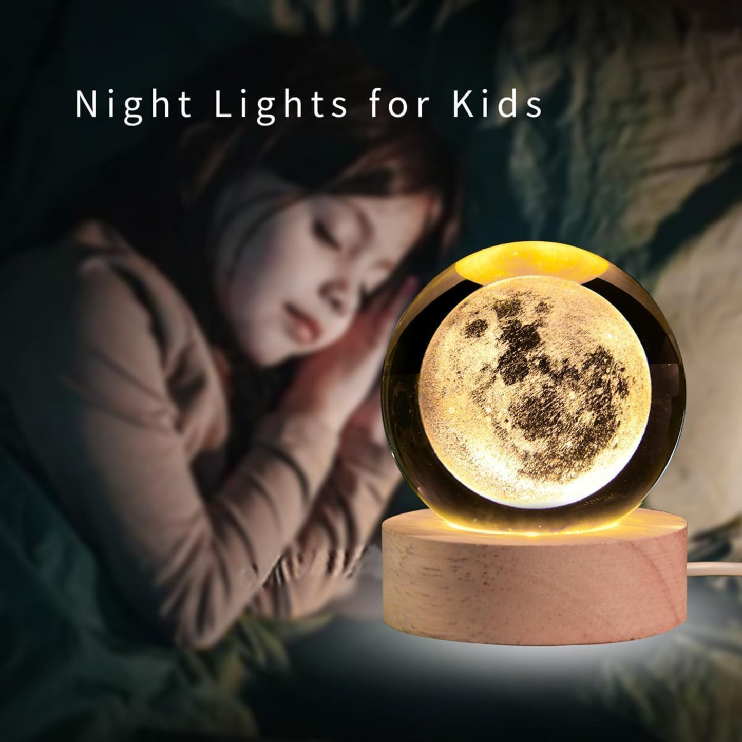 3D Crystal Moon Lamp - Engraved Crystal Ball LED Night Light
