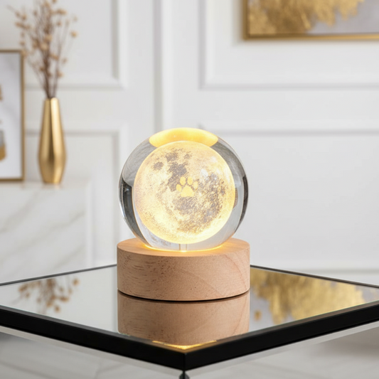 Moon lamp on a wooden base with a glass cover, placed on a reflective surface.