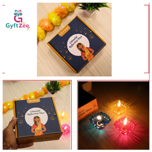 12pcs 3D Reflection Diya with 12pcs Cotton Wicks & Metal Holder