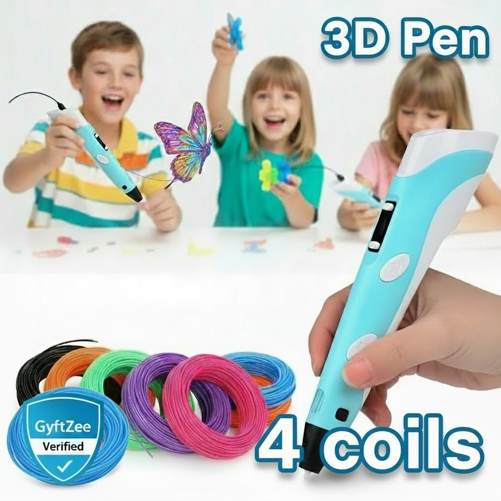 3D pen with colorful filament spools and children playing with a 3D printed butterfly.