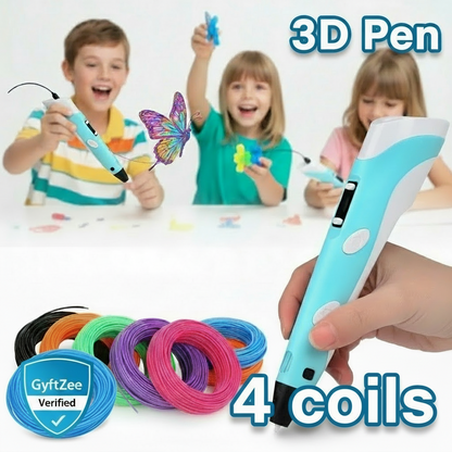 3D pen with colorful filament spools and children playing with a 3D printed butterfly.