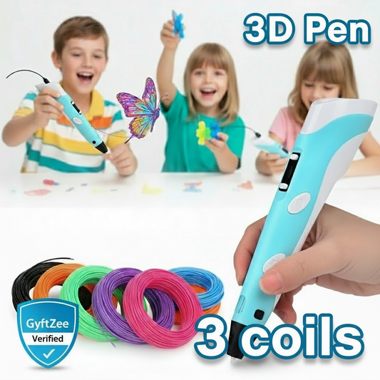 3D pen with colorful filament spools and children playing with a 3D printed butterfly.