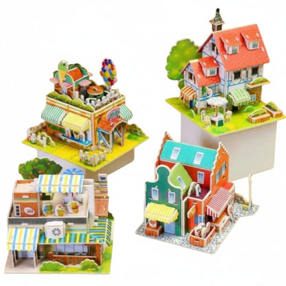 Set of colorful toy houses on a white background