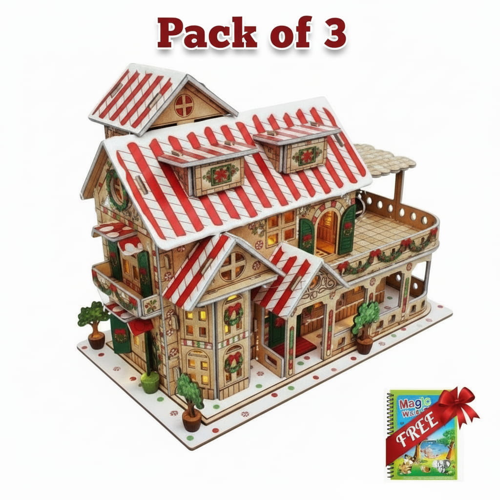 Pack of 3 gingerbread house models with a free magazine on a white background