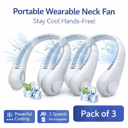 Pack of three portable wearable neck fans with ice cubes and text on a white background
