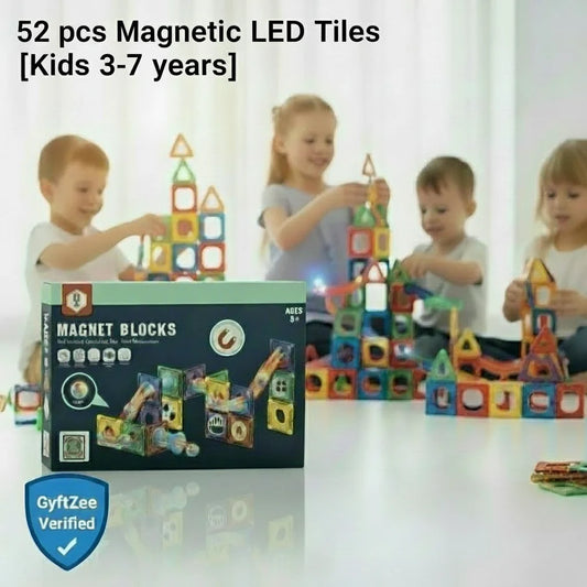 Children playing with magnetic LED tiles and the product packaging on a white background